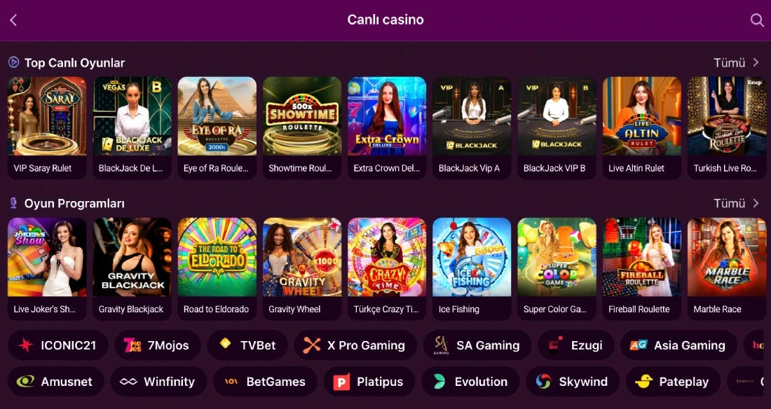 Lux Casino canlı casino lobisinde listelenen rulet ve blackjack masalarının önizlemeleri