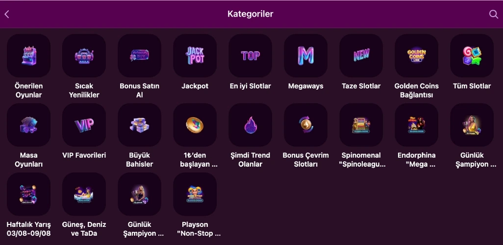 Lux Casino lobisindeki slot bölümünün kategori başlıkları: Jackpot, En iyi Slotlar, Tüm Slotlar
